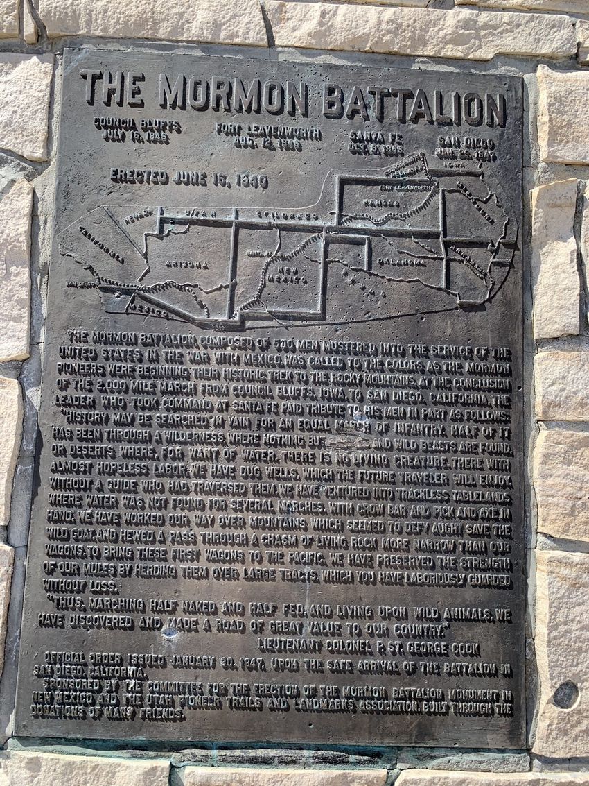 Close-up of the Mormon Battalion Monument plaque