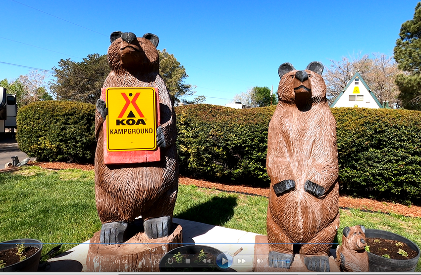 Carved wood bear statues holding the KOA sign