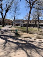 Santa Fe town square with empty benches