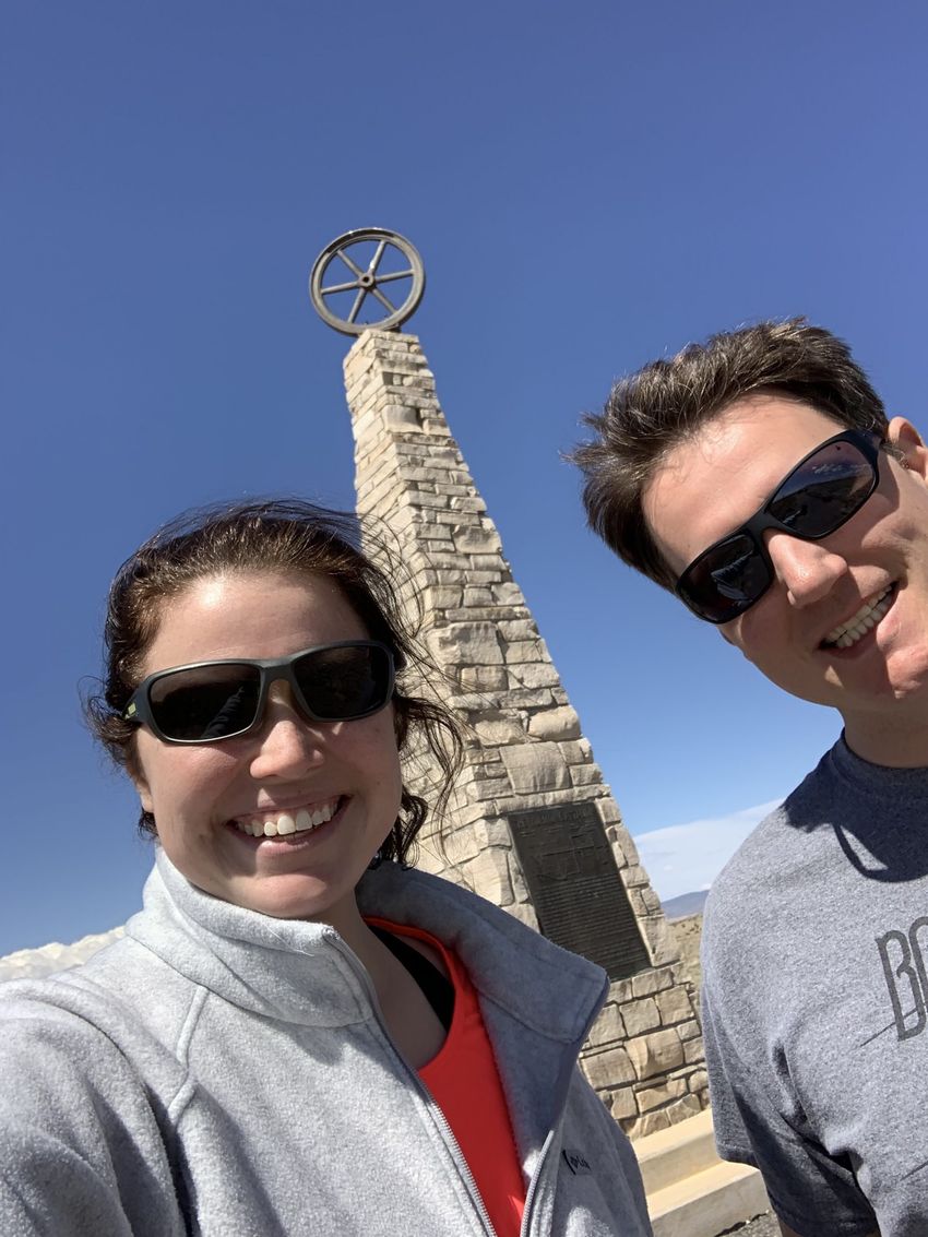 Brent and Tayler taking a selfie in front of the Mormon Battalion Monument